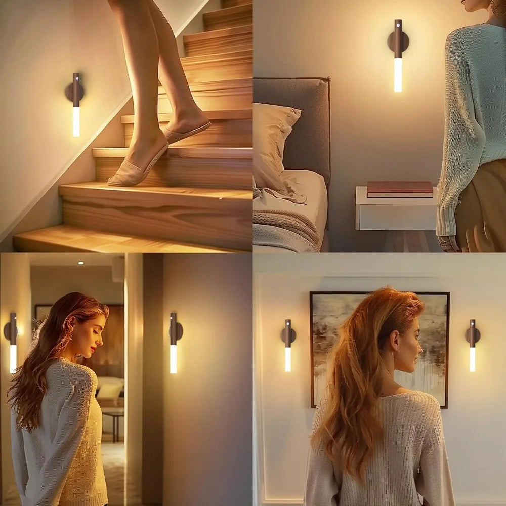 Motion Sensor LED Night Light - Warm Wood Bedside Lamp