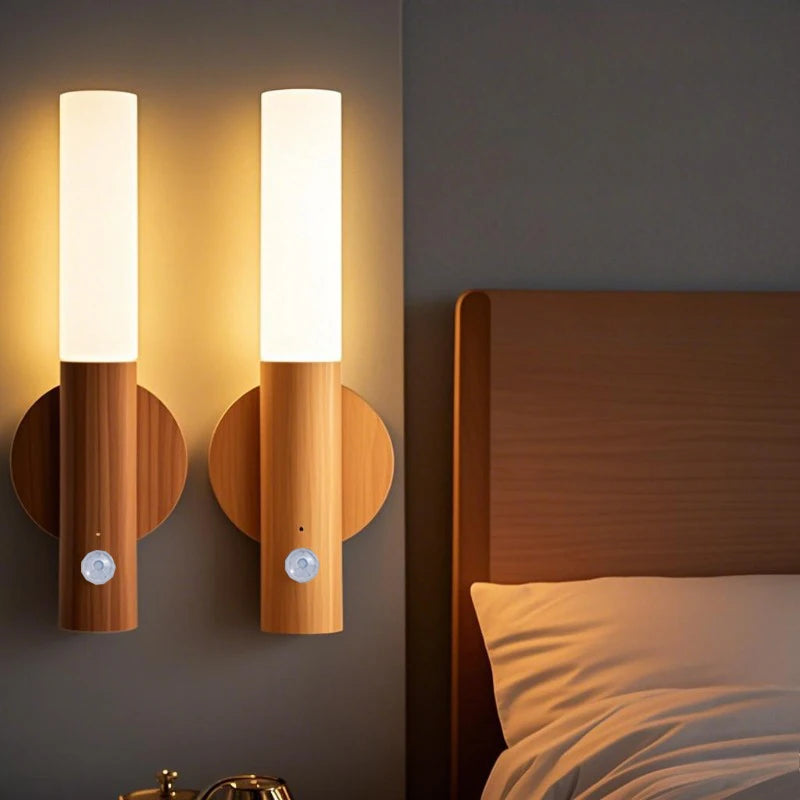 Motion Sensor LED Night Light - Warm Wood Bedside Lamp
