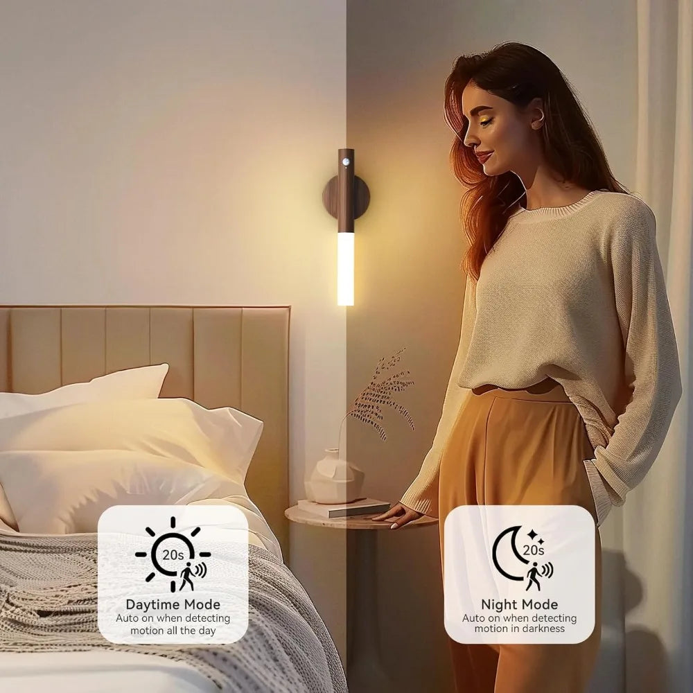 Motion Sensor LED Night Light - Warm Wood Bedside Lamp