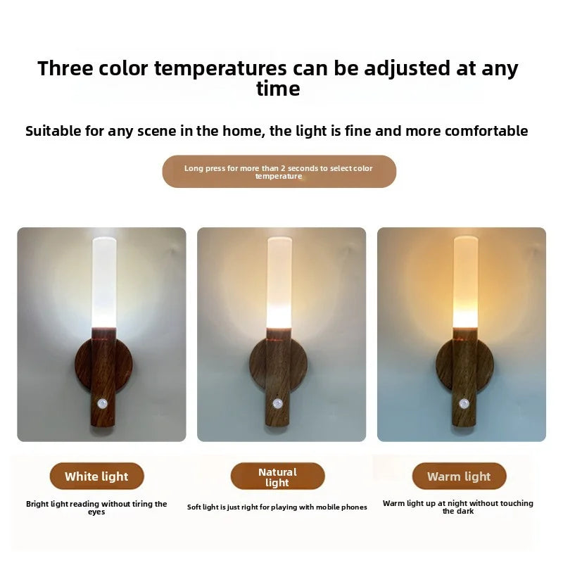 Motion Sensor LED Night Light - Warm Wood Bedside Lamp
